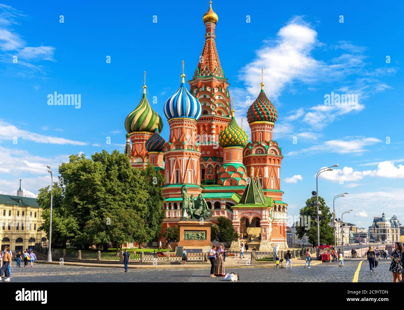 Moscow - July 20, 2020: St Basil`s cathedral on Red Square in Moscow, Russia. Beautiful ancient Saint Basil`s church is famous tourist attraction of c Stock Photo